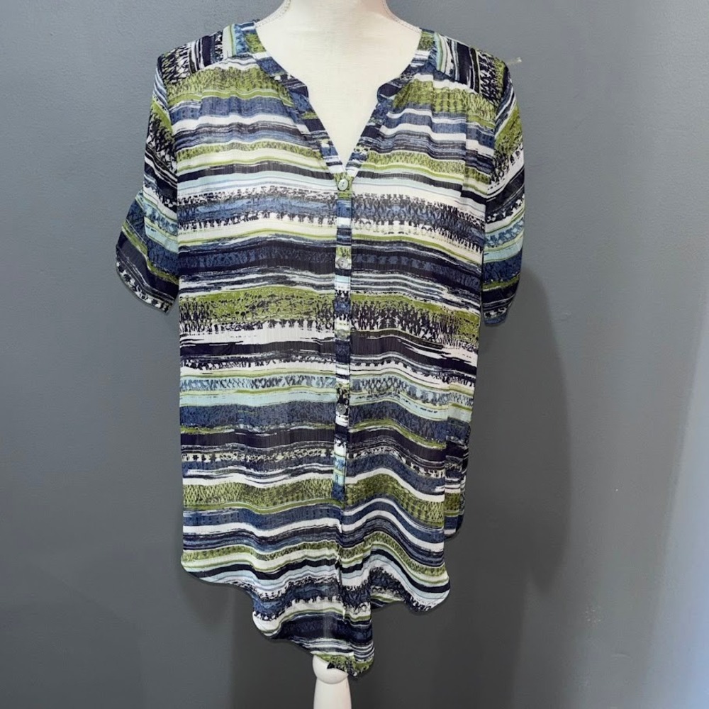 Westport 1962 Womens Petite XL‎ Blue Green Striped Roll Tab Sheer Blouse Top